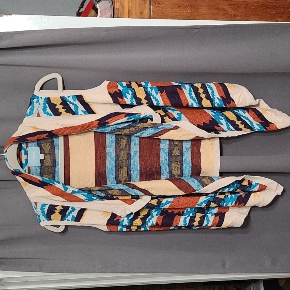 Skies Are Blue‎ Womens Cardigan Aztec Design Sleeveless Angled Sz S EUC